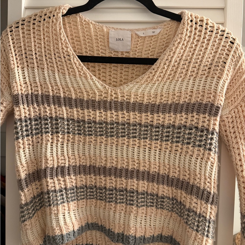 LOLA Striped Open Knit Sweater – Beige & Sage V-Neck Cotton Blend